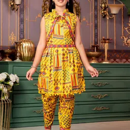 BAESD Girls Ethnic Motifs Printed Mirror Work A-Line Kurta With Trousers & Jacket-53
