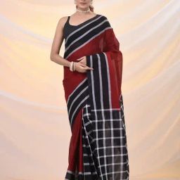 Arhi Red & Black Cotton Polyblend Woven Design Saree with Unstitched Blouse-image-33