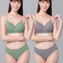 AROUSY Green & Grey Cotton Bra Panty Set - Pack Of 2-image-54