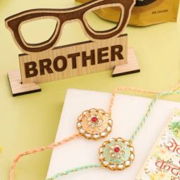 NVR Men Peach & Green Kundan Studded Round Floral Design Rakhi Combo-5
