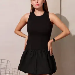VIRGIO Black Blended Solid Sleeveless Dress-picture-5