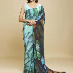 navyasa by liva Teal Blue Printed Saree With Unstitched Blouse-picture-23