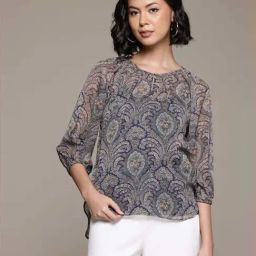 AARKE RITU KUMAR Blue Floral Print Top With Camisole-image-77