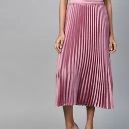 SASSAFRAS Pink Accordion Pleated Satin Finish Flared Midi Skirt-image-18