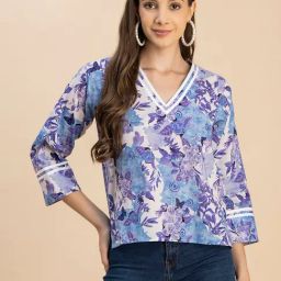 Moomaya Blue & White Cotton Floral Print Top-image-64