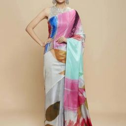 navyasa by liva Grey & Pink Printed Saree With Unstitched Blouse-20