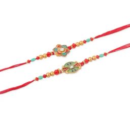 NVR Men Floral Design Red Artificial Stones & Beads Thread Rakhi Combo image 2