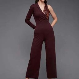 Miss Chase Wine Embellished Shawl Collar Asymmetric Polyester Blazer Styled Regular Jumpsuit-image-51