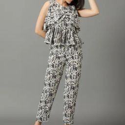 SHOWOFF Off White & Black Printed Top With Pants-picture-12