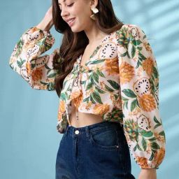 Globus Women Yellow V-Neck Bishop Sleeves Tropical Print Tie-Up Detail Wrap Top-picture-26
