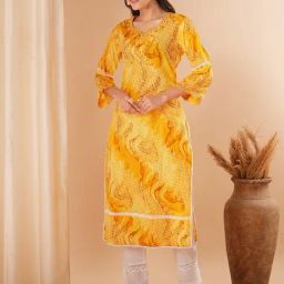 Fashor Yellow Cotton Printed Three-Quarter Sleeves Kurta-image-56