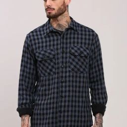 Showoff Navy Blue Cotton Regular Fit Checks Shacket-3