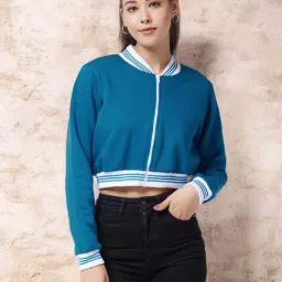 Miss Chase Teal V Neck Full Sleeve Crop/bomber Crop Jacket-image-3