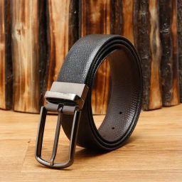 Louis Stitch Black Textured Leather Reversible Belt for Men-image-64