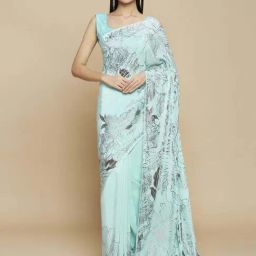 navyasa by liva Blue Printed Saree With Unstitched Blouse-picture-40