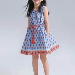 A.T.U.N. Girls Cotton Blue Printed Sleeveless Samantha Dress-picture-6