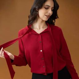 Globus Women Red Collared Neck Tie Detail Cuff Sleeves Party Shirt-image-46