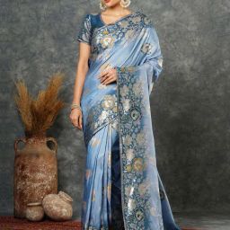 Satrani Blue Cotton Silk Woven Saree With Unstitched Blouse-image-50