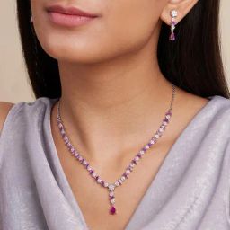 March by FableStreet 92.5 Sterling Silver Shine Pink & White Zircon Necklace & Earring Set-image-23