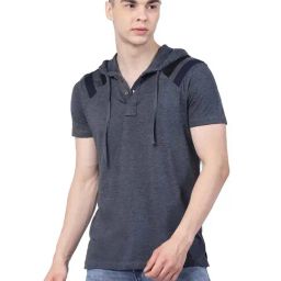 Kalt Dark Blue Melange Regular Fit Striped Hooded T-Shirt-image-12