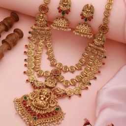 Saraf RS Jewellery 22k Gold-Plated Stone-Studded & Beaded Temple Lakshmiji Coin Bridal Jewellery Set-13
