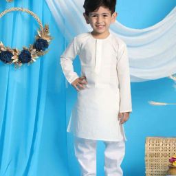 VASTRAMAY Boys Cream & White Embroidery Full Sleeves Kurta Sets-image-29