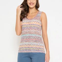 Clovia Blue Cotton Relaxed Fit Geometric Top & Shorts-image-63