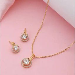 Saraf RS Jewellery Gold Toned Solitaire AD Studded Minimal Pendant & Earrings Set-image-96