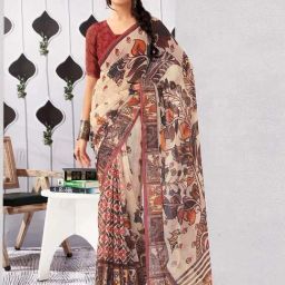 Satrani Beige & Maroon Printed Saree With Unstitched Blouse-image-18