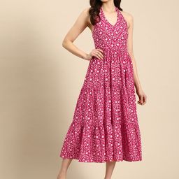 anayna Floral Print Halter Neck Fit & Flare Pure Cotton Midi Dress-image-18