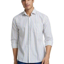 Park Avenue Light Yellow Slim Fit Striped Shirt-image-96