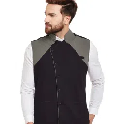 Hypernation Black & Grey Mandarin Collar Waistcoat-96