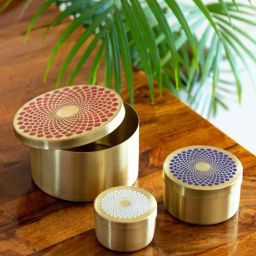 ExclusiveLane Golden Brass Mughal Arc Hand-Enamelled Multi Utility Containers (1.62 L) - Set of 3-image-44
