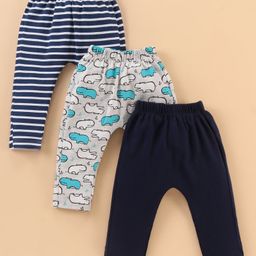 Babyhug Cotton Knit Full Length Striped & Animal Printed Diaper Leggings Pack Of 3 - Blue-image-29