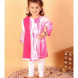 Vastramay Pure Cotton Full Sleeves Shibori Pattern Tie & Dye Kurta With Leggings & Dupatta - Pink & White-picture-34