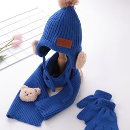 Babyhug Pom Pom Acrylic Woolen Cap Muffler & Gloves Set Teddy Design - Dark Blue-image-57