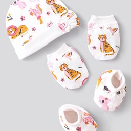 Bonfino 100% Cotton Knit Tiger Printed Cap Mittens & Booties Set Ivory- Diameter 12 cm-image-28