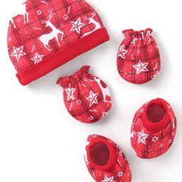 Babyhug 100% Cotton Knit Deer Printed Cap Mittens & Booties - Red-image-33