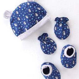 Babyhug 100% Cotton Knit Cap Mitten & Booties Penguin Print - Navy Blue-image-18