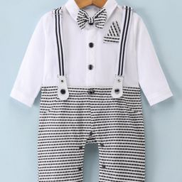 Mark & Mia Full Sleeves Party Wear Romper with Bow Detailing & Suspender Striped - White & Grey-image-50
