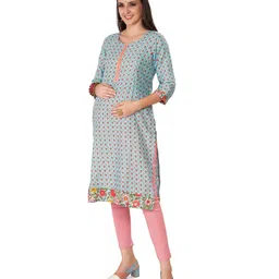 Mom for sure by Ketki Dalal Three Fourth Sleeves Floral Motif Printed & Lace Embellished Maternity Kurta With Concealed Zipper Nursing Access - Blue-picture-14