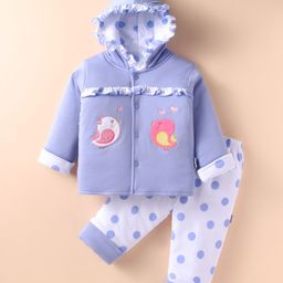 Child World Cotton Knit Full Sleeves Winter Wear Hooded Sweatjacket & Joggers Set with Sparrow Patch & Print - Lilac-image-33