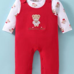 ToffyHouse Interlock Knit Dungaree Style Romper & Full Sleeves T-Shirt With Bear Print & Embroidery - Red-image-18