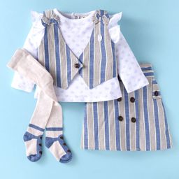 ToffyHouse Interlock Woven Full Sleeves Heart Printed Top & Skirt Set With Waistcoat & Stockings - White & Blue-image-91