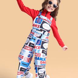 Ollington St.100% Cotton Knit Text Printed Dungaree & Full Sleeves Rib High Neck Top - White & Red-picture-7