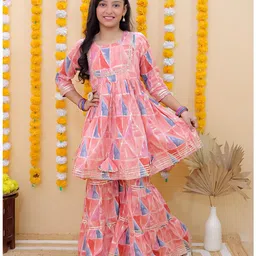aatya kiids AATYA by Shruti Agarwal Chanderi Silk Three Fourth Sleeves Abstract Printed & Lace Embellished Coordinating Kurta Sharara Set - Peach-picture-48