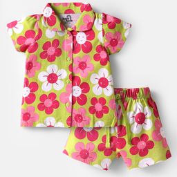 Doodle Poodle 100% Cotton Knit Half Sleeves Front Open Shorts Co-Ord Night Suit With Floral Print - Lime Green-image-32