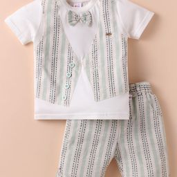 WOW Clothes Cotton Knit Half Sleeves Waistcoat Attached T-Shirt & Shorts Set with Bow Applique & Stripes - Light Green-image-61
