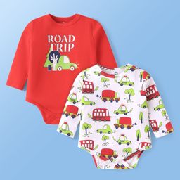 Doodle Poodle 100% Cotton Knit Full Sleeves Vehicle Printed Onesies Pack of 2 - White & Red-image-94