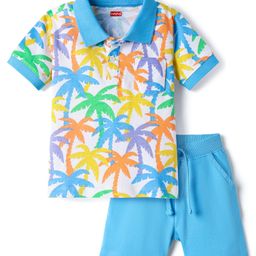 Babyhug 100% Cotton Knit Half Sleeves Tropical Theme Printed Polo T-Shirt & Short Set - Blue-image-52